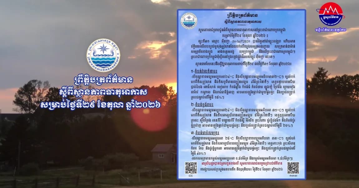 ស្ថានភាពធាតុអាកាសនៅព្រះរាជាណាចក្រកម្ពុជា សម្រាប់ថ្ងៃទី២៩ ខែតុលា ឆ្នាំ២០២៦