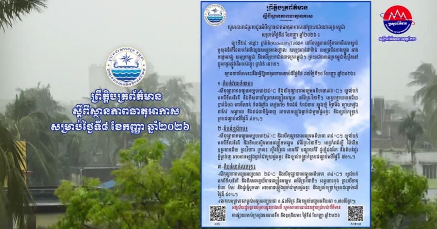 ស្ថានភាពធាតុអាកាសនៅព្រះរាជាណាចក្រកម្ពុជា សម្រាប់ថ្ងៃទី៨ខែកញ្ញា ឆ្នាំ២០២៦