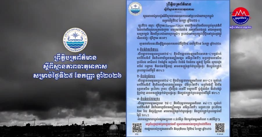 ស្ថានភាពធាតុអាកាសនៅព្រះរាជាណាចក្រកម្ពុជា សម្រាប់ថ្ងៃទី២៥ ខែកញ្ញា ឆ្នាំ២០២៦