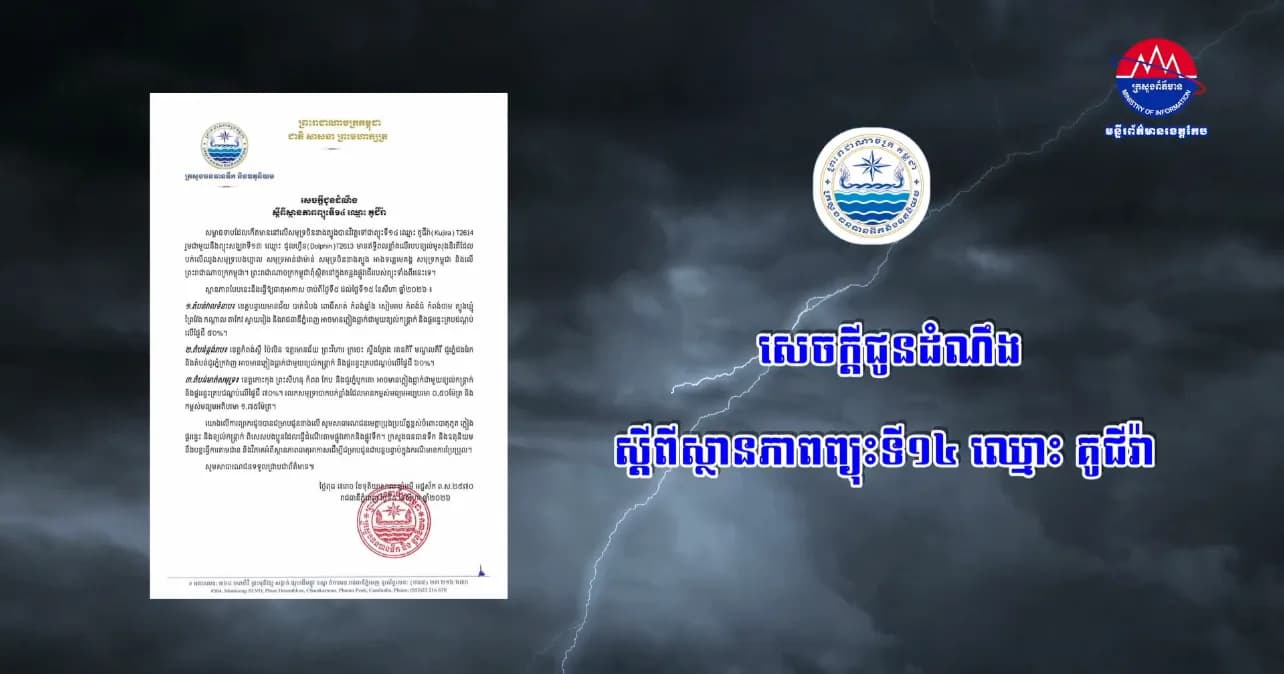 សេចក្ដីជូនដំណឹង ស្ដីពីស្ថានភាពព្យុះទី១៤ ឈ្មោះ គូជីរ៉ា