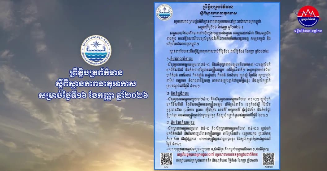 ស្ថានភាពធាតុអាកាសនៅព្រះរាជាណាចក្រកម្ពុជា សម្រាប់ថ្ងៃទី១៦ ខែកញ្ញា ឆ្នាំ២០២៦