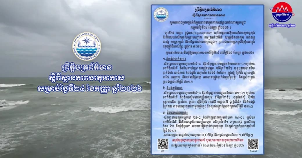 ស្ថានភាពធាតុអាកាសនៅព្រះរាជាណាចក្រកម្ពុជា សម្រាប់ថ្ងៃទី២៤ ខែកញ្ញា ឆ្នាំ២០២៦