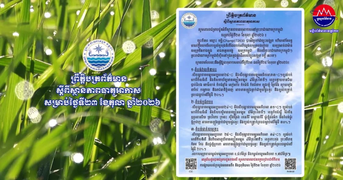 ស្ថានភាពធាតុអាកាសនៅព្រះរាជាណាចក្រកម្ពុជា សម្រាប់ថ្ងៃទី២៣ ខែតុលា ឆ្នាំ២០២៦