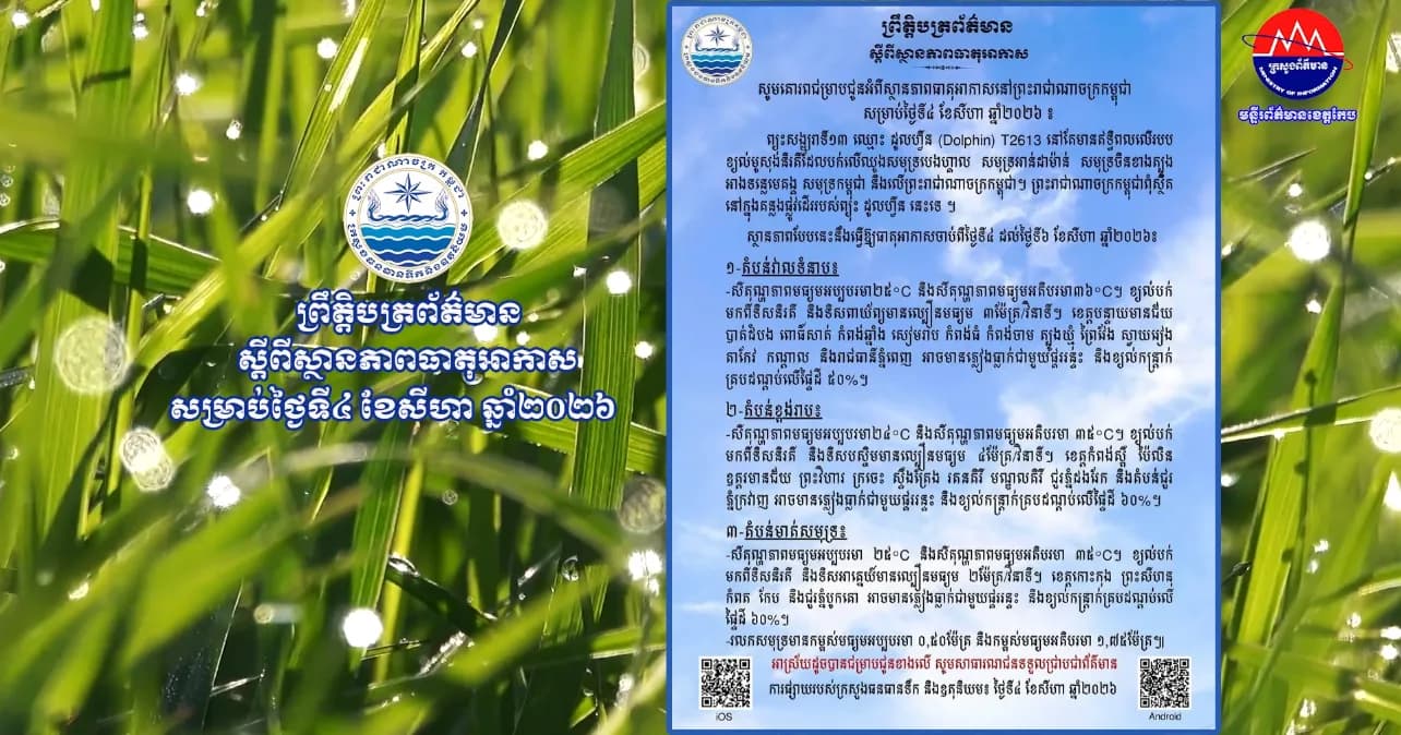 ស្ថានភាពធាតុអាកាសនៅព្រះរាជាណាចក្រកម្ពុជា សម្រាប់ថ្ងៃទី៤ ខែសីហា ឆ្នាំ២០២៦