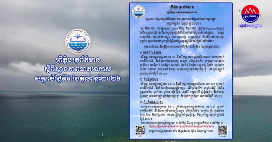 ស្ថានភាពធាតុអាកាសនៅព្រះរាជាណាចក្រកម្ពុជា សម្រាប់ថ្ងៃទី៩ ខែតុលា ឆ្នាំ២០២៦